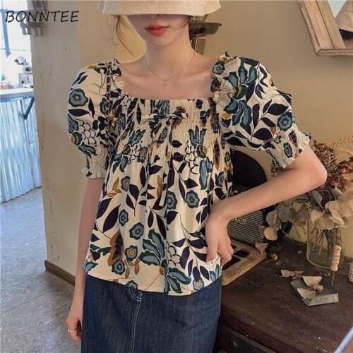 Blouses Women Backless Streetwear Vintage Cropped Slim Simple Summer Print Retro Harajuku Mujer Short-sleeve Kawaii Creativity