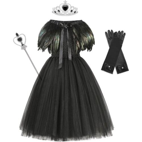 Halloween Costume For Kids Fancy Tutu Dress For Girls Black Devil Halloween Costume Maleficent Gown Dress With Feather Shawl