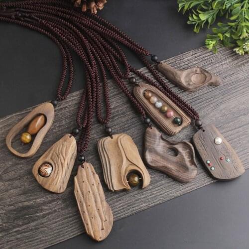 New Exaggerated National Style Retro Long Sweater Chain Necklace Simple Handmade Wooden Pendant Clothing Pendant