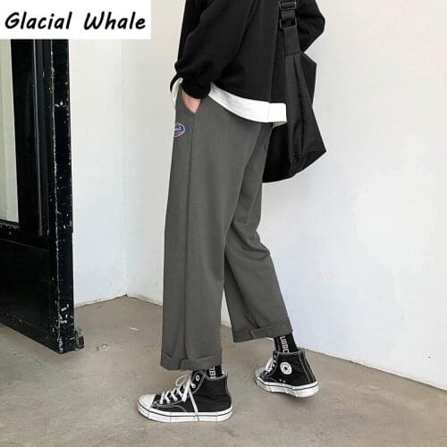 GlacialWhale Mens Straight-leg pants 2020 New Vintage Hip Hop Loose fit Japanese streetwear casual fashion Black trousers Men