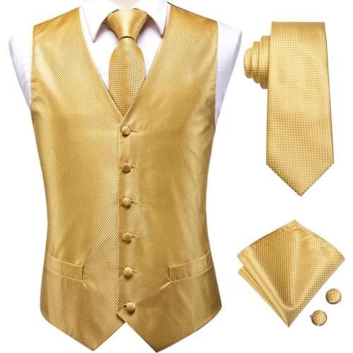 Hi-Tie Gold Yellow Solid Silk Mens Slim Waistcoat Necktie Set For Suit Dress Wedding Business 4PCS Vest Necktie Hanky Cufflink