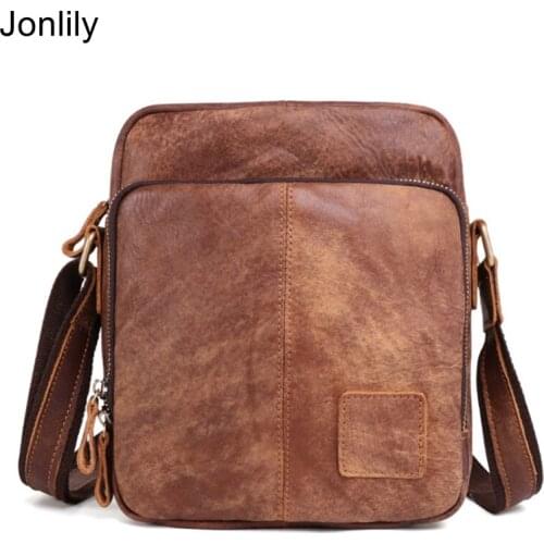 Jonlily Mens Genuine Leather Shoulder Bags Male Casual Messenger Crossbody Bag Vintage Daybag Teens Purse -KG347
