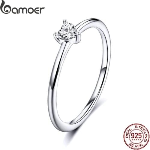 BAMOER HOT SALE 925 Sterling Silver Heart Clear CZ Simple Finger Rings for Women Engagement Wedding Statement Jewelry SCR498