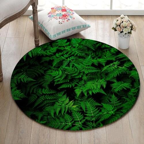 Green Fern Leaves Round Indoor Home Living Room Floor Area Rugs Childrens Room Carpets Kitchen Non-Slip Cushion Office Door Mat