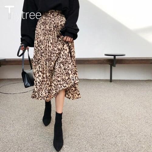 Trytree 2021 Summer Autumn Women Skirt Casual Chiffon Leopard Elastic Waist Silky A-line Mid-Calf Pleated Skirts Office Lady