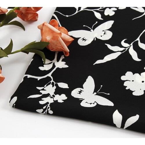Fashion Black and White Chiffon Butterfly Print Fabric Dress Shirt Fabric, by the Meter