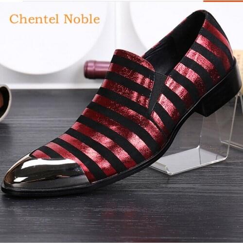 Chentel Noble Manual Metal Head Black And Red Stripe Fashion Mens Dress Shoes Genuine Leather Flats Handsome Mens Shoes Big Size