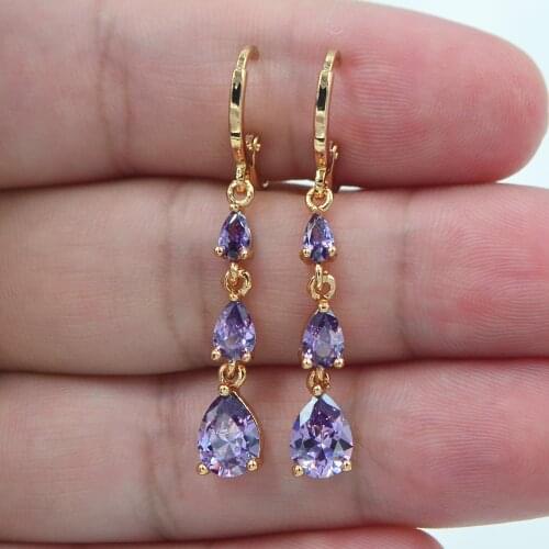 Fashion Jewelry Gold Color Purple CZ Zircon Stylish Teardrop Dangle Earrings for Women