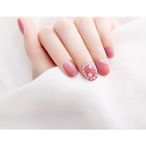 24pcs Flower Printed Nail Patch Pearl Inlaid Glue Type Removable Short Paragraph Fashion Manicure False Nail Patch Nail Sticker
