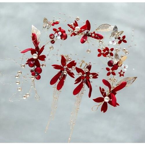 Tiara Bridal Earrings And Headband Set Red Pearl White Feather Headpiece Gold Headbands For Women Wedding Accessories Decoration