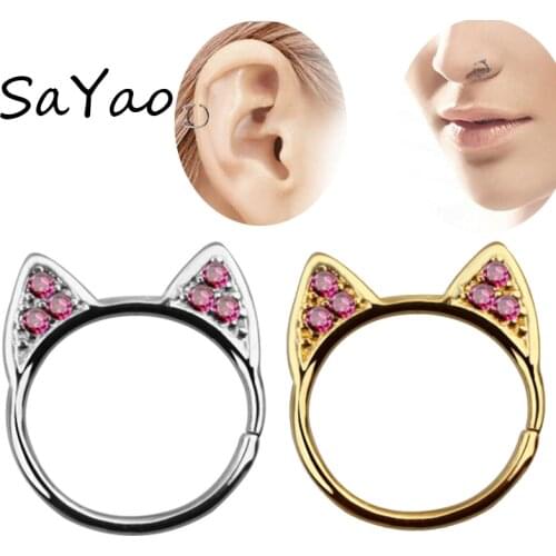 SaYao 16G 1.2mm Sexy Cat Earring Nose Piercing Helix Crystal Cat Anodized Seamless Endless Tragus Cartilage Hoop Ring