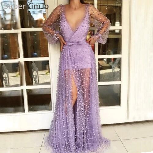 SuperKimJo Long Sleeve Beaded Evening Dresses 2019 Sexy Purple A Line Women Formal Dresses Vestido De Festa