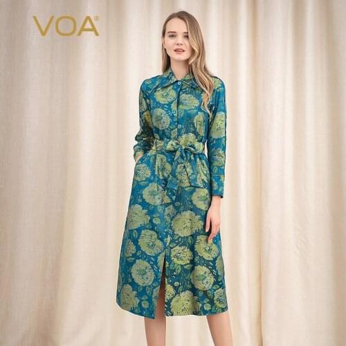 VOA 2021 Spring Fashion Silver Grey Vintage Elegant Silk Jacquard Trench Coat Belt Women Luxury Windbreaker Slim Long Coat F7526