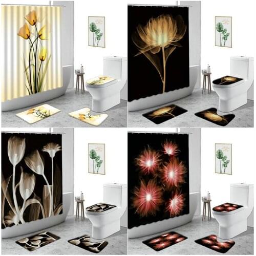 3D Beautiful Flowers Yellow Tulip Shower Curtain Waterproof Bathroom Decor Bath Curtains Set Non-Slip Carpet Toilet Cover Mat