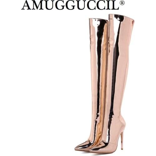2020 New Plus Big Size 33-43 Rose-gold Silver Zip 12CM High Heel Sexy Over The Knee Thigh High Autumn Winter Women Boot X1702