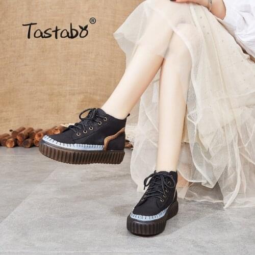 Tastabo Genuine Leather Womens nude boots platform Comfortable flat Womens boots S66305 Khaki black Joker Martin Boots 35-40