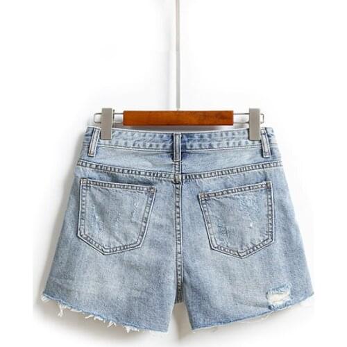 Womens Summer Wide Leg Shorts Loose Preppy High Waist Denim Shorts Femme Street Style Tassel Hole Ripped Hot Pants Light Blue