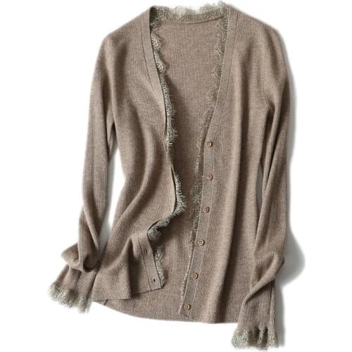 Women spring autumn cashmere cardigans sweaters patchwork lace Vneck single breasted slim M/L