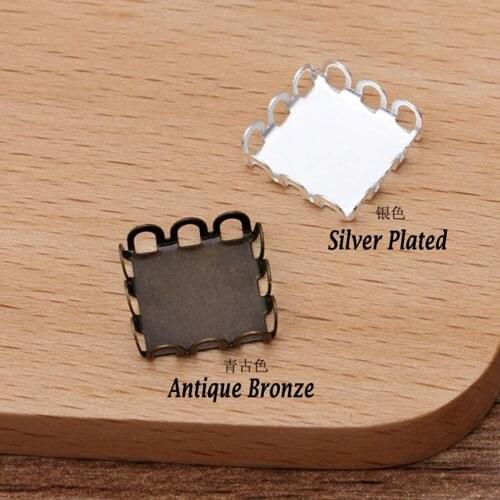 500pcs silver plated antique bronze square lace into 12mm tray bezel blank pendant base cabochon settings