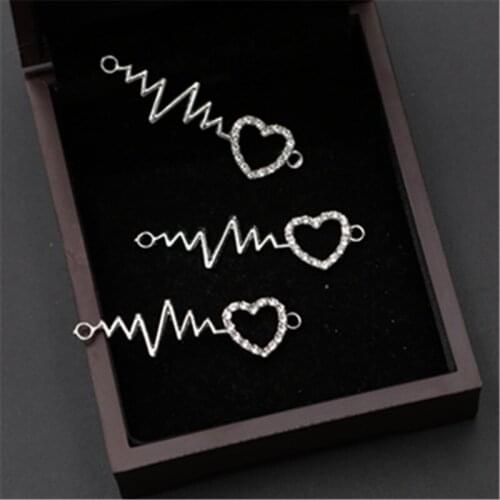 8pcs Silver Plated Handmade Rhinestone ECG and Hearts Charm Connectors For Bracelet DIY Metal Jewelry Making 50*12mm A940