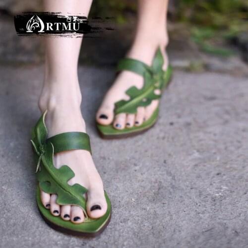 Artmu Original Vintage Personality Flat Genuine Leather Sandals Comfortable Soft Sole Flip Flops New Women Slippers ZH349-1