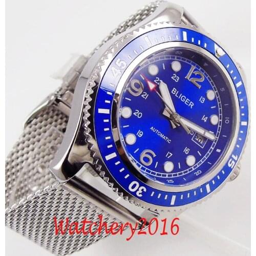 Bliger 44mm blue dial Luminous ceramic bezel automatic mechanical mens Watch