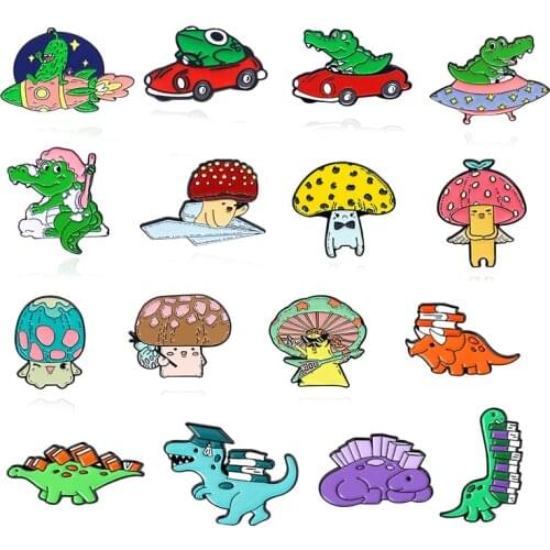 Dr. dinosaur books Enamel Brooch colour flower Mushroom Fun Badge Cartoon animal Frog crocodile Lapel Pin Custom jewelry