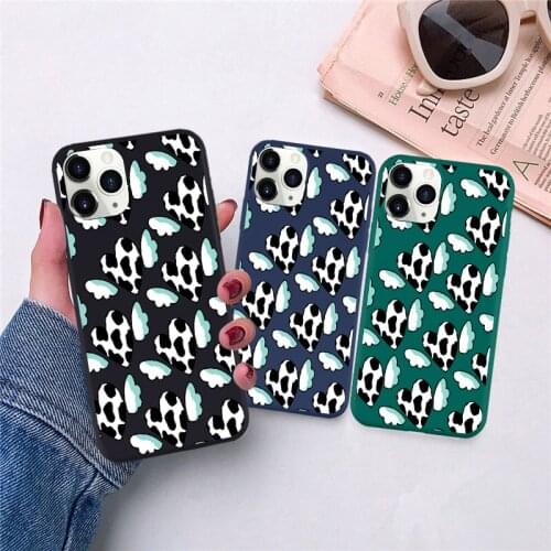 Black Milk Cow Texture Phone Case for iPhone 11 12 Mini Pro X XR XS MAX 6 6S 7 8 Plus SE 2020 Angel Love Heart Matte Back Cover