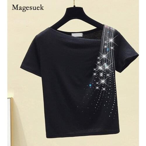 Black T-shirt Casual T Shirt for Women Clothing Solid Short Sleeve Tees Tops 2021 Summer Irregular Diamonds Femme Blusas 10016