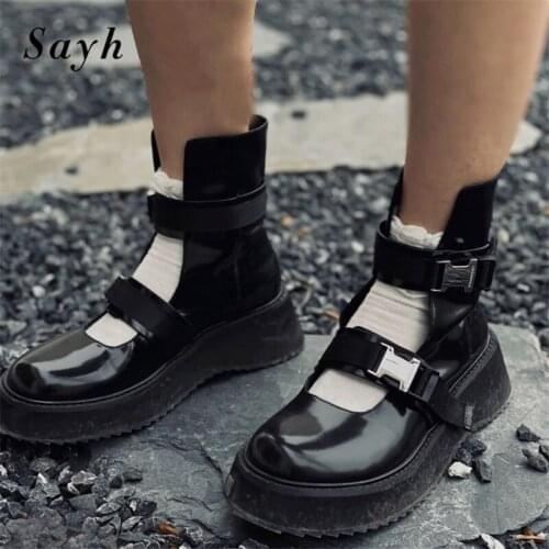 Black Genuine Leather Runway Design Platform Wedge Heels Retro Hollow Out Bootie Ankle Boots Punk Chelsea Martin Shoes