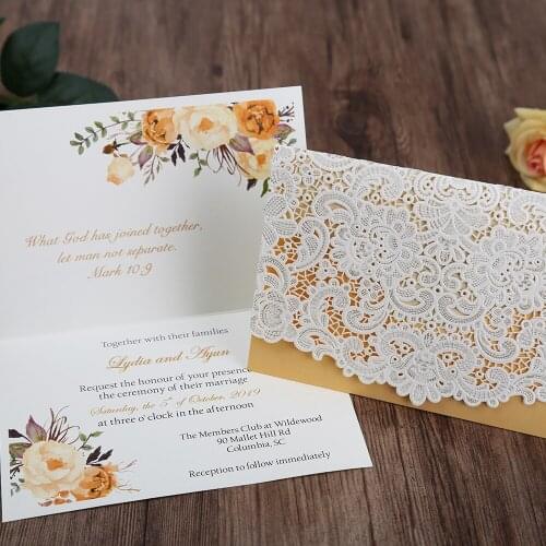 Horizontal Laser Cut Wedding Invitation with Gold Hollow Flora Favors,Customizable,50 Pcs/Lot