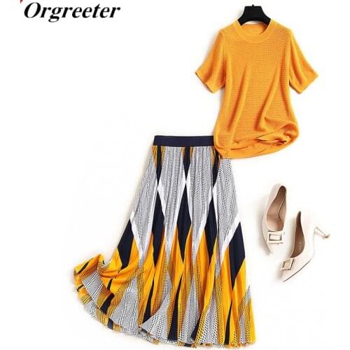 Elegant Ladies Summer Two piece set Orange Tshirt With High waist Geometric print contrast A-line Long Skirt Suits Female Outfit