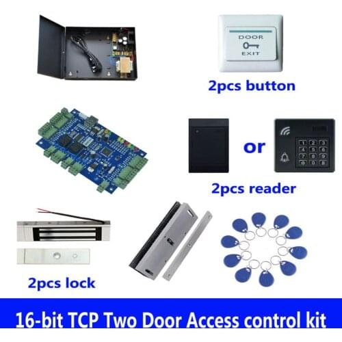 Access control kit,TCP two door access control+powercase+180kg magnetic lock+U-bracket+ID reader+button+10 ID tags,sn:kit-B204