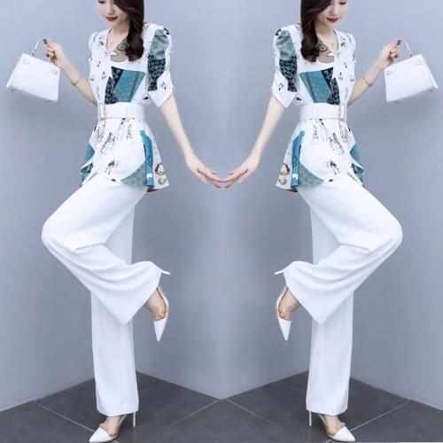 Summer Suit Female 2021 New Fashion Chiffon Slim Patchwork Print Wide Leg Pants Full Pants Set Two Pieces V-Neck Short Sleeve
