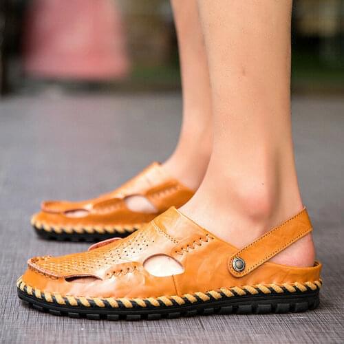 Summer Mens Breathable Leather Sandals Casual Flat Slippers Closed Toe Shoes Casual Shoes Beach Shoes Comfortable Breathable