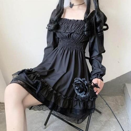Kawaii Lolita Dress Women Princess High Waist Gothic Style Black Mini Dress Puff Sleeve Costume Lace Ruffles Lolita Dress Party