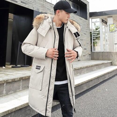 New Mens White Down Jacket Fashion Thickened Warm Long Wool Collar Big Pocket Safari Down Jacket Men Women Korean Style Unisex