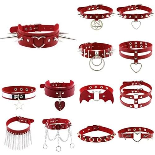 Punk Goth Red PU Leather Choker Collar Sexy Spike Neck Strap Clavicle Necklaces for Women Men Jewelry Gothic Accessories