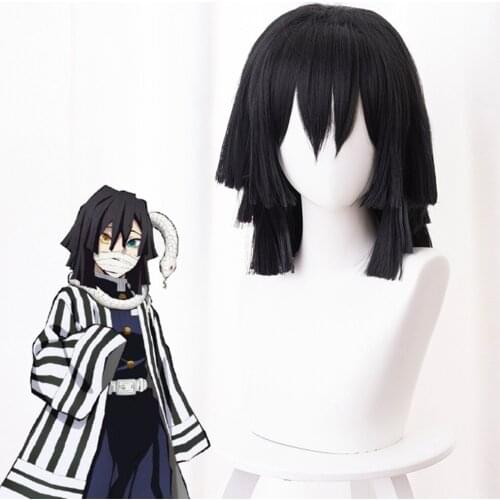 Anime Demon Slayer: Kimetsu no Yaiba Iguro Obanai Cosplay Wigs Black Heat Resistant Synthetic Hair Wig + Wig Cap Halloween