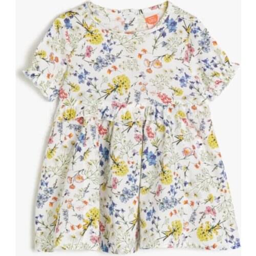Dress Floral Midi Short Sleeve Cotton Bike Collar Ecru
