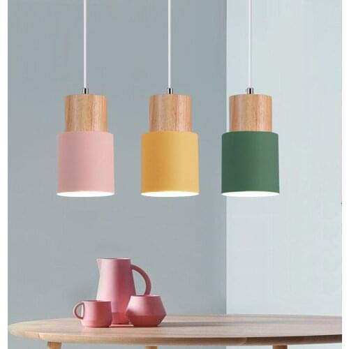 Nordic Pendant Lights Wood Simple Iron E27 White/Black/Yellow/Pink/Gray/Green For Bedroom Parlor Bar Hanging Lamp