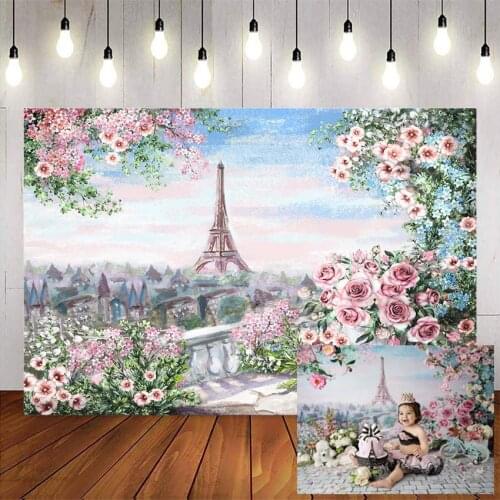 Romantic Paris-Newborn Baby Portrait Backdrop for Photo Studio Floral Eiffel Tower Background Kids Birthday Party Selfie Props