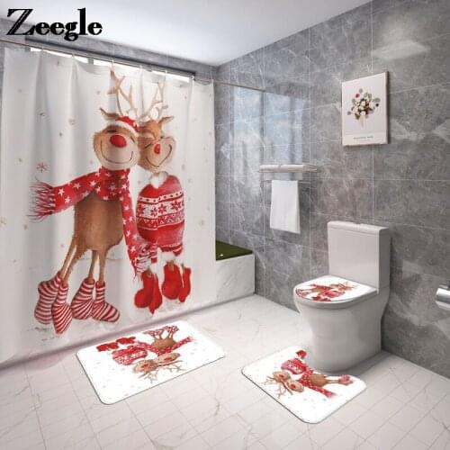 Christmas Bath Mat and Shower Curtain Set Flannel Bathroom Carpet Absorbent Shower Room Bath Mat Bathroom Non-Slip Floor Mat