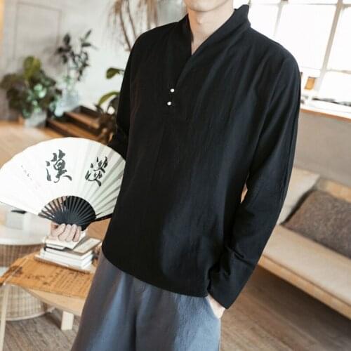 Hanfu Men Casual Shirt Solid Retro Stand Collar Tops Cotton Linen Long Sleeve Chinese Traditional Shirts Men Streetwear KK3408