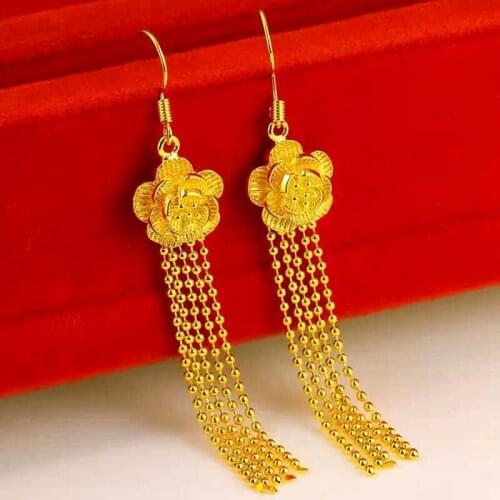 Gold color flower with ball chain earrings for women & girls,fashion pure Gold colortassel long drop earrings Jewelry