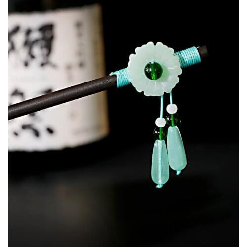 Aqua Green Hair Tiara Chinese Hanfu Hair Accessory Pendant Wooden Hair Sticks For Hair Jewelry Vintage Headdress Hair Decoration
