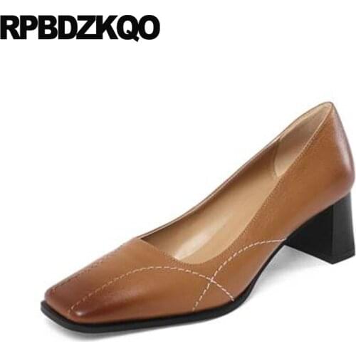 High Heels Brown Embroidered Chunky Square Toe Genuine Leather Elegant Shoes Women Medium Vintage Size 33 Pumps 2021 Embroidery