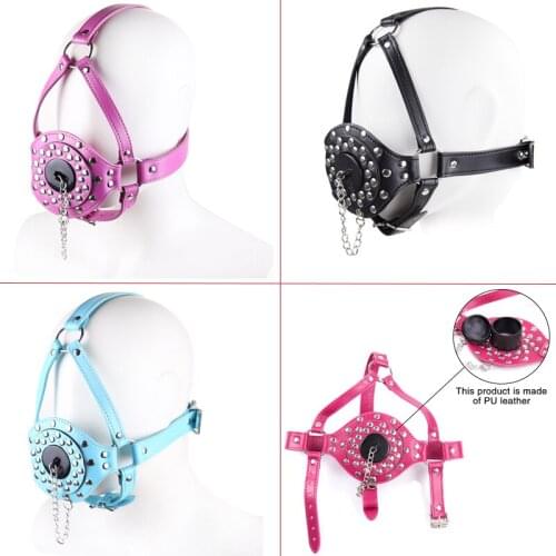 SM Bondage Open Mouth Plug Oral Sex Gag Muzzle Ring Ejaculation Swallowing Sperm Leather Head Harness Couples flirting sex Toys