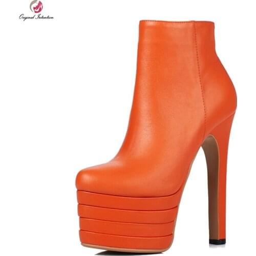 Original Intention Stylish Women Ankle Boots Platform Round Toe Square Heels Boots Black White Orange Shoes Woman US Size 3-9