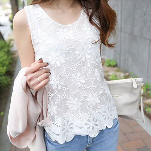 40# Women Florak Lace Blouses Tops Casual Sleeveless Vest O-neck Floral Lace Slim Blouses Vest Tops Elegent Korean Style Shirts